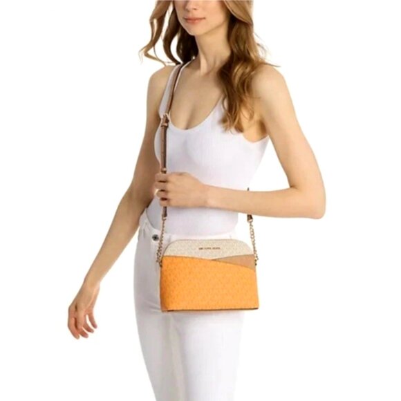 New Michael Kors Jet Set Travel Medium Dome Crossbody Pop Orange Multi - Picture 3 of 5
